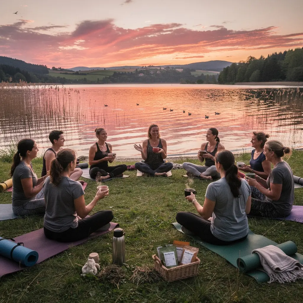 Krásne usporiadaný čajový stolík s keramickými šálkami a čajovým kanvíkom
